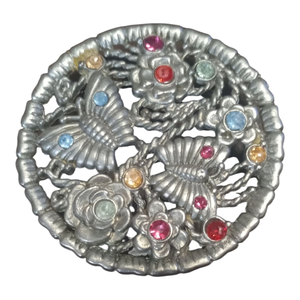 Round Belt Buckle with Butterflys Flowers & Colored Stones
